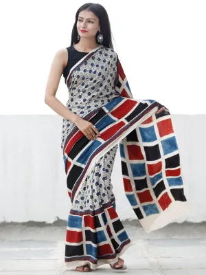 Off White Black Indigo Red Ajrakh Hand Block Printed Modal Silk Saree in Natural Colors - S031703699