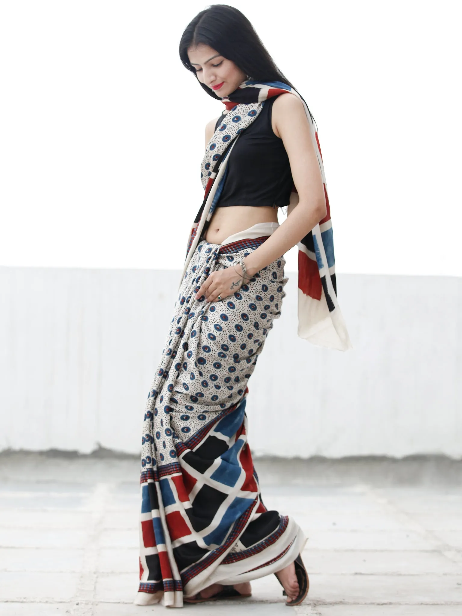 Off White Black Indigo Red Ajrakh Hand Block Printed Modal Silk Saree in Natural Colors - S031703699
