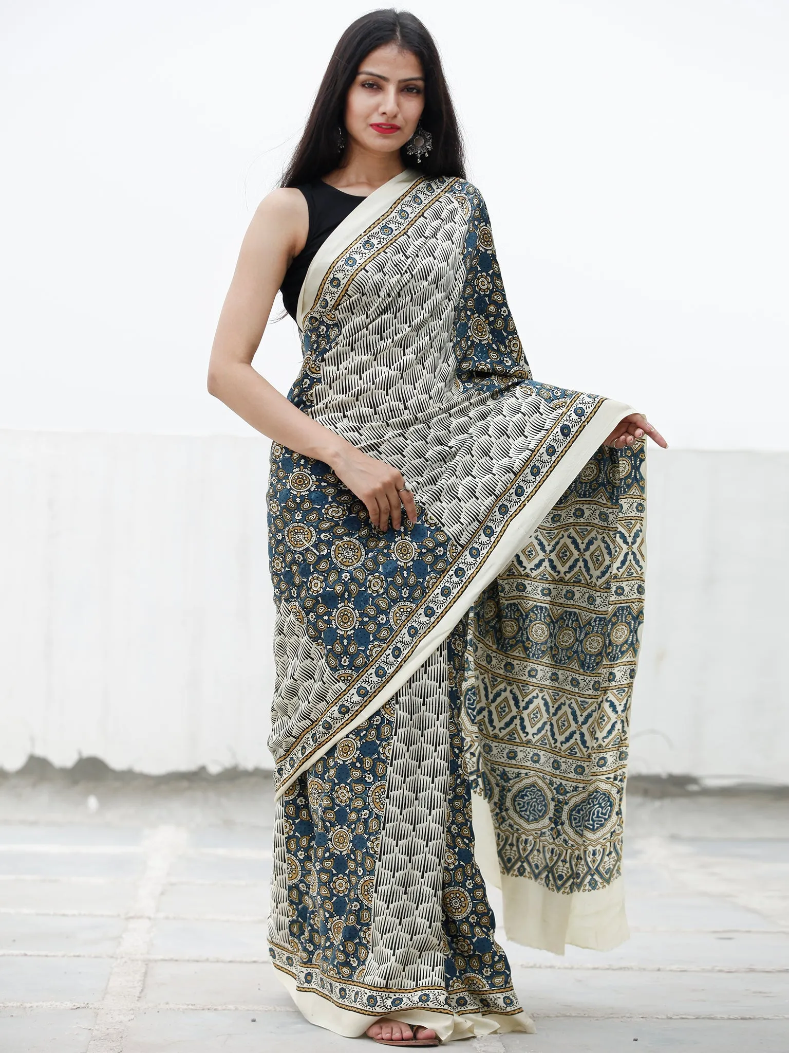 Off White Indigo Peanut Brown Ajrakh Hand Block Printed Modal Silk Saree in Natural Colors - S031703715