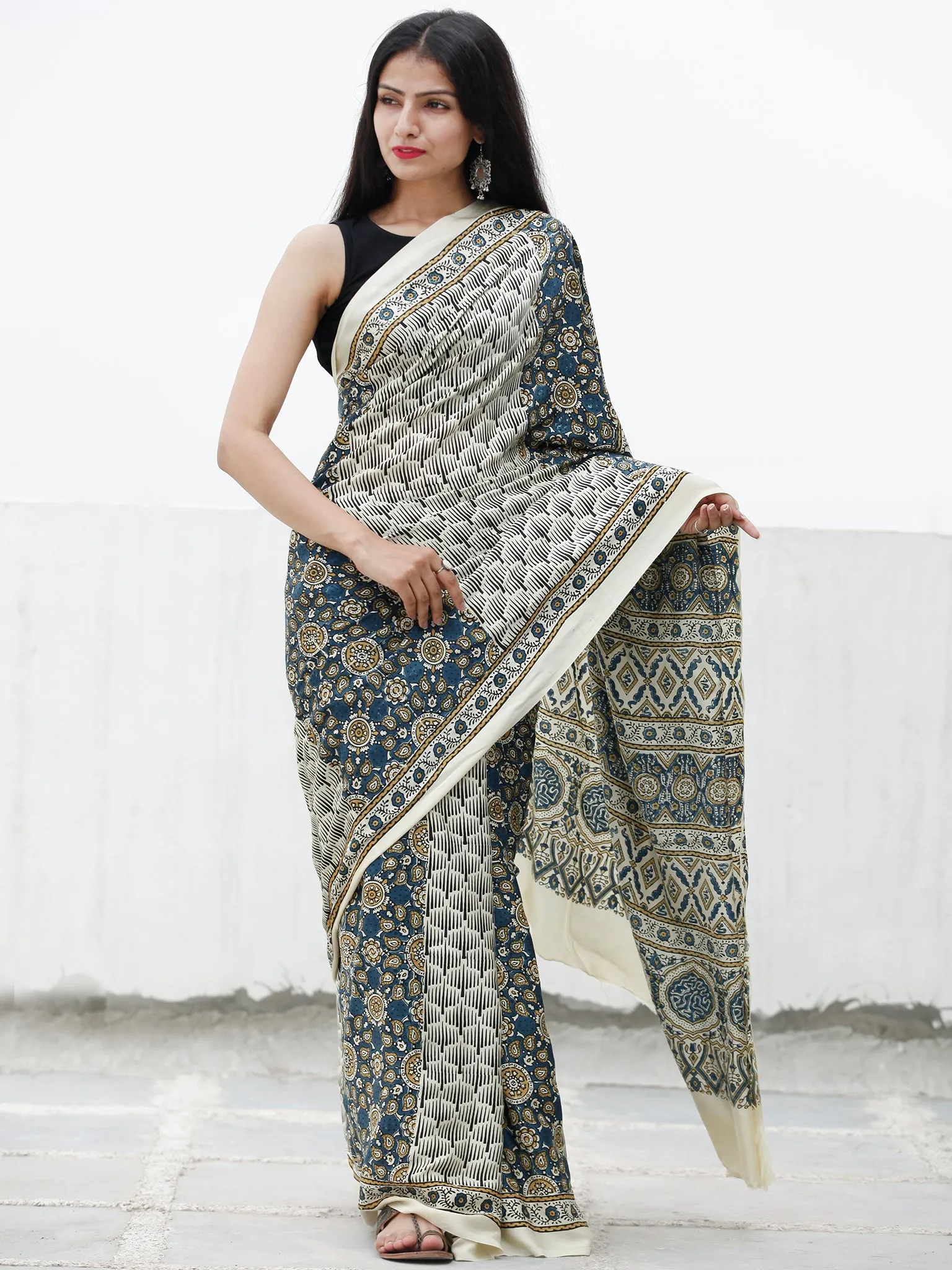 Off White Indigo Peanut Brown Ajrakh Hand Block Printed Modal Silk Saree in Natural Colors - S031703715