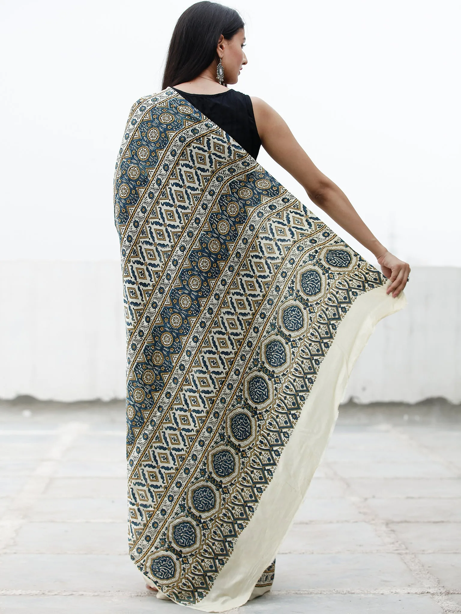 Off White Indigo Peanut Brown Ajrakh Hand Block Printed Modal Silk Saree in Natural Colors - S031703715