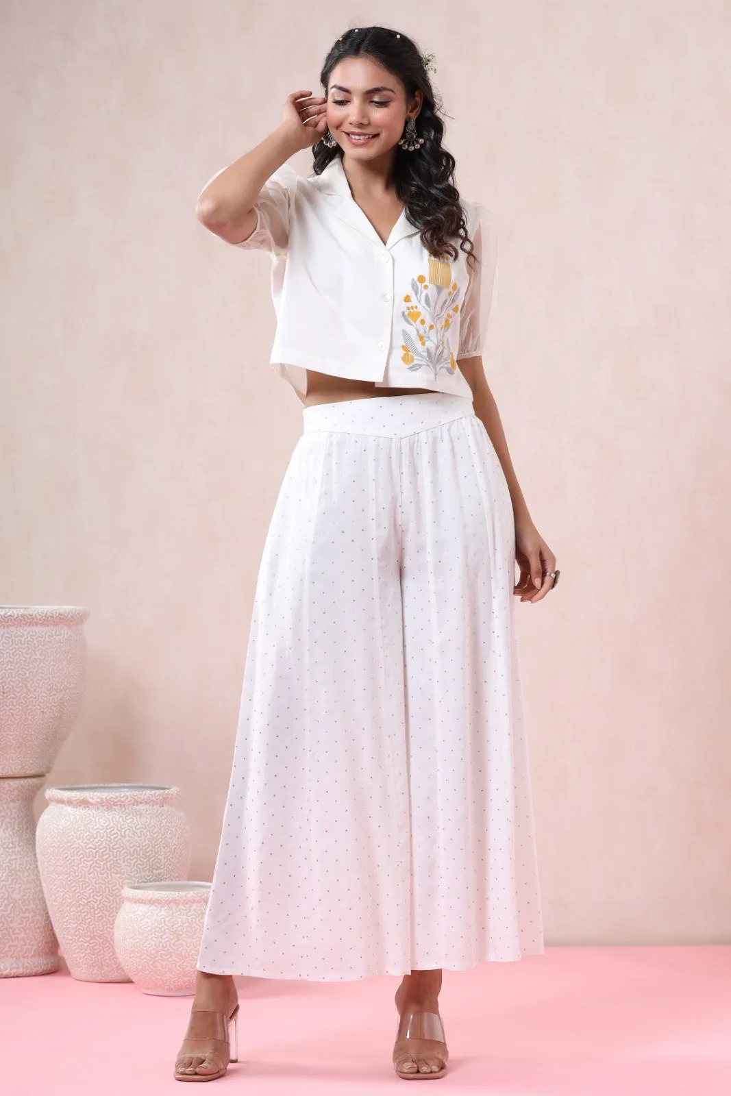 Off-White Polka Dot Printed Rayon Flared Palazzo-3012OFFWHITE
