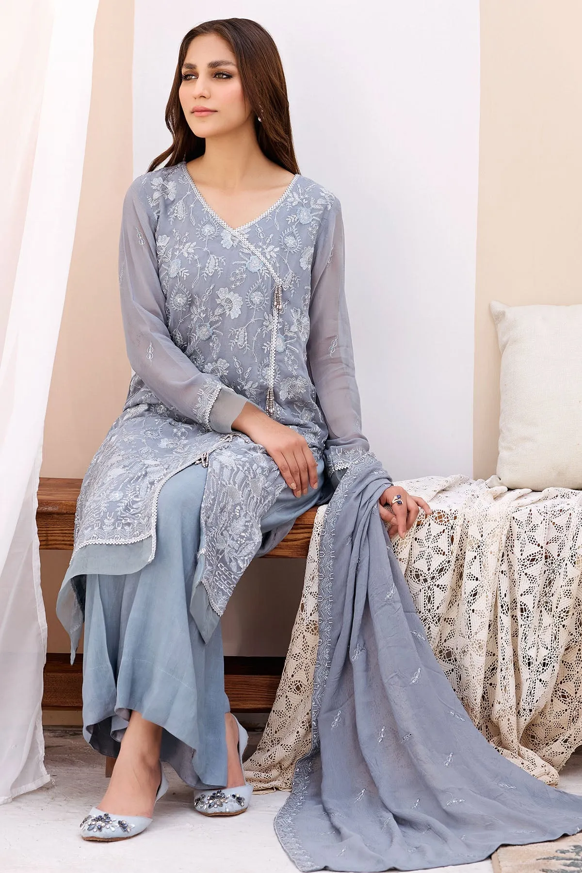 Pakistani Embroidered Grey Kameez with Trousers Eid Dress