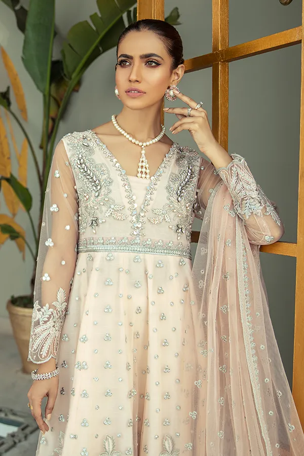 Pakistani Party Dress in Embroidered Pishwas Frock with Raw Silk Trousers and Dupatta Style
