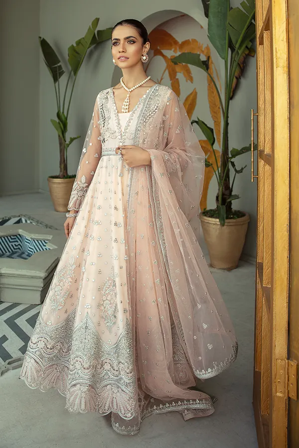 Pakistani Party Dress in Embroidered Pishwas Frock with Raw Silk Trousers and Dupatta Style