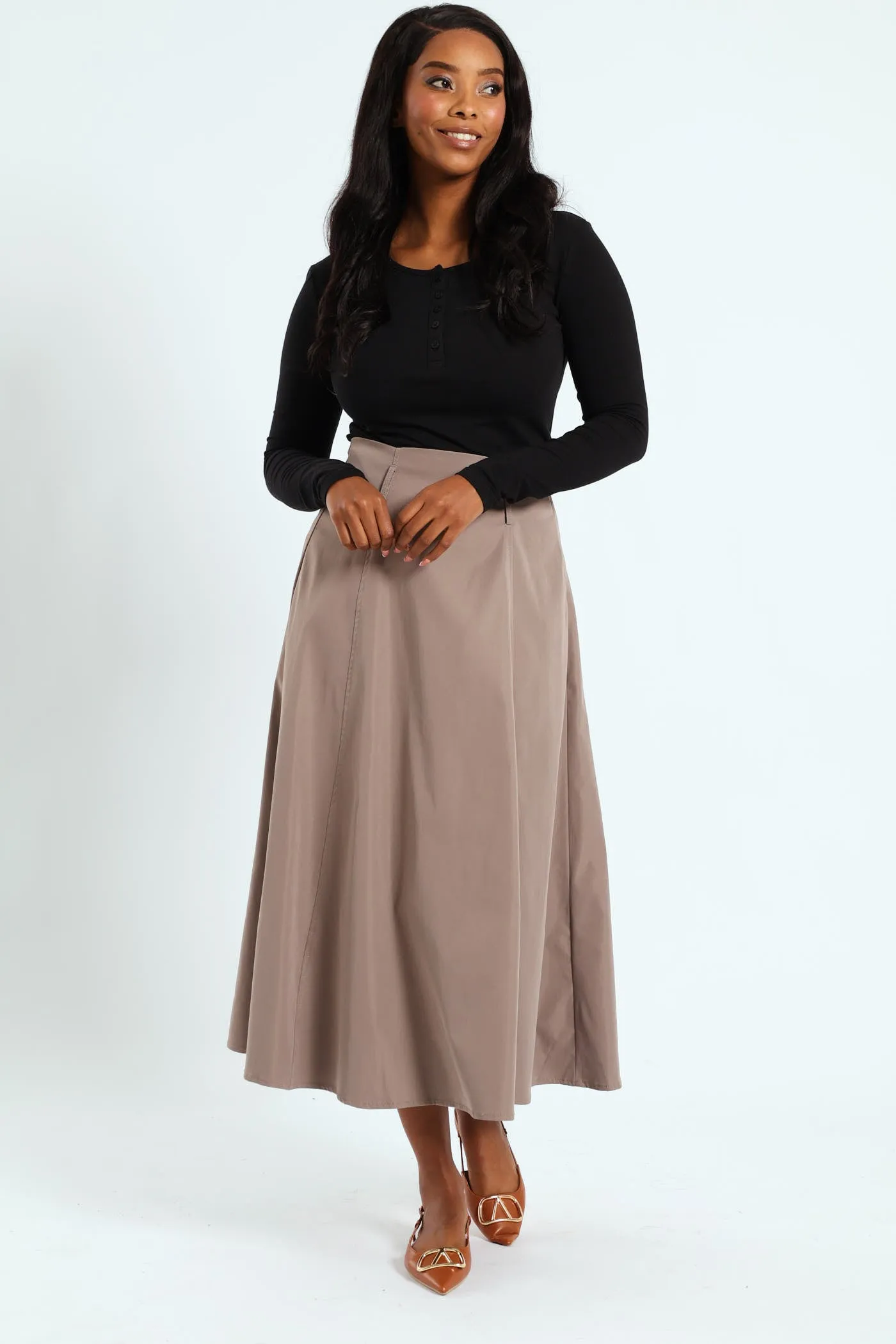 Panelled Flared Twill Midaxi Skirt - Taupe