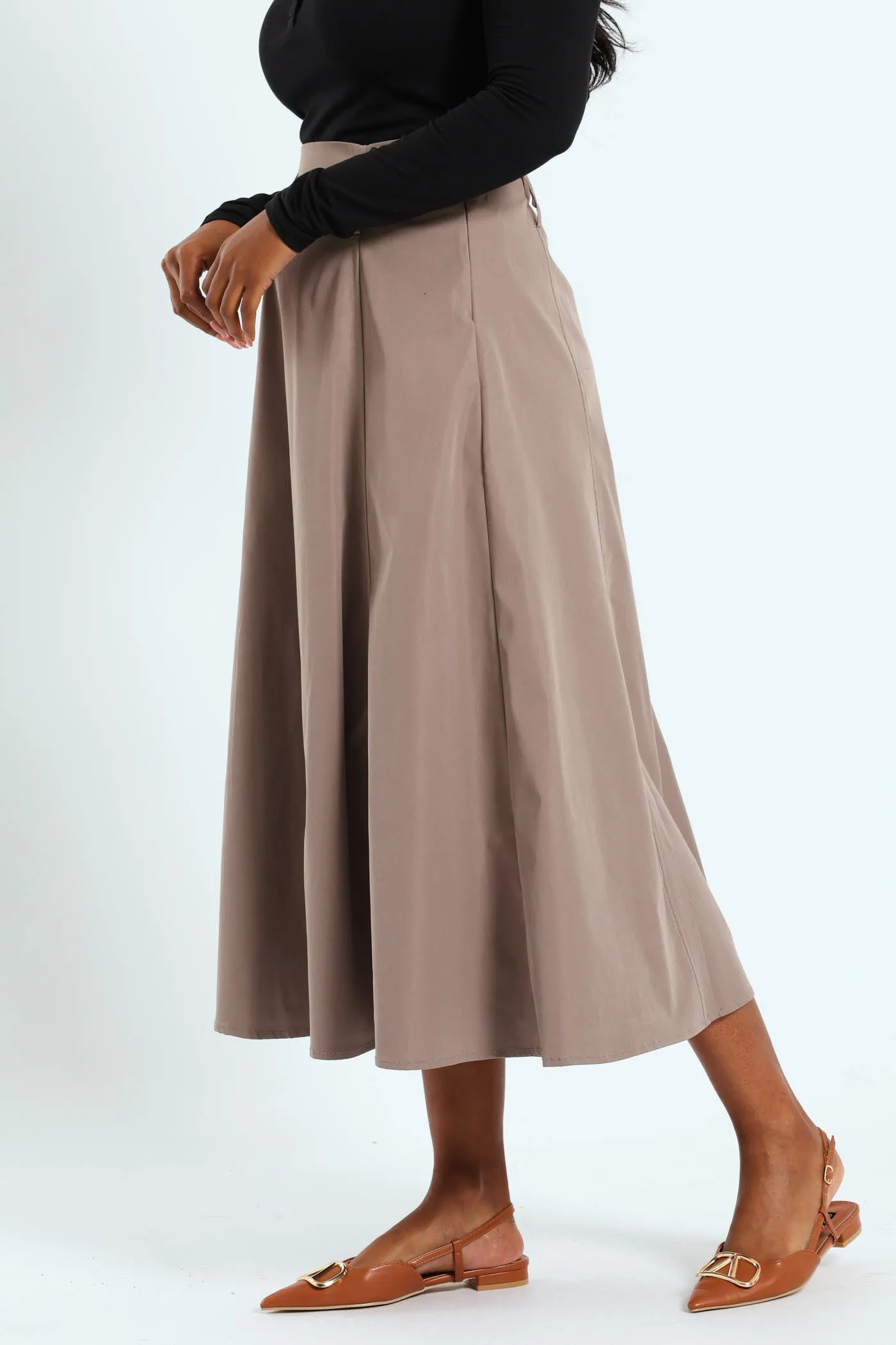 Panelled Flared Twill Midaxi Skirt - Taupe