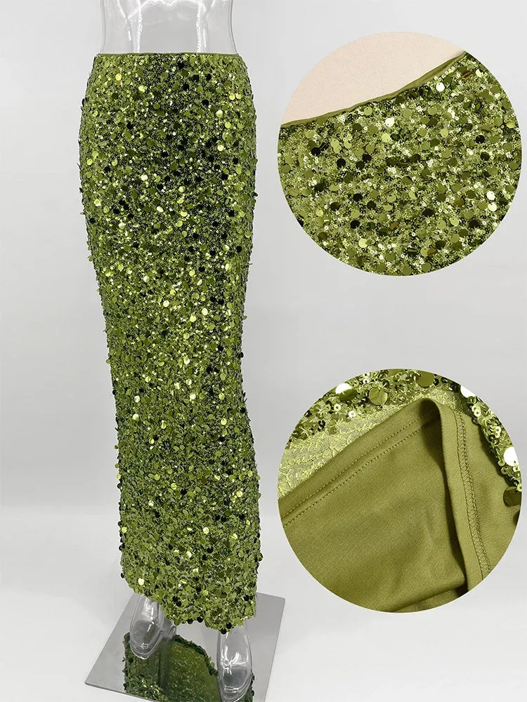 Party Green Shiny Skirts For Women High Waist Fashion Sequin Patchwork Long Skirts Female Trendy Skirt Clubwear
