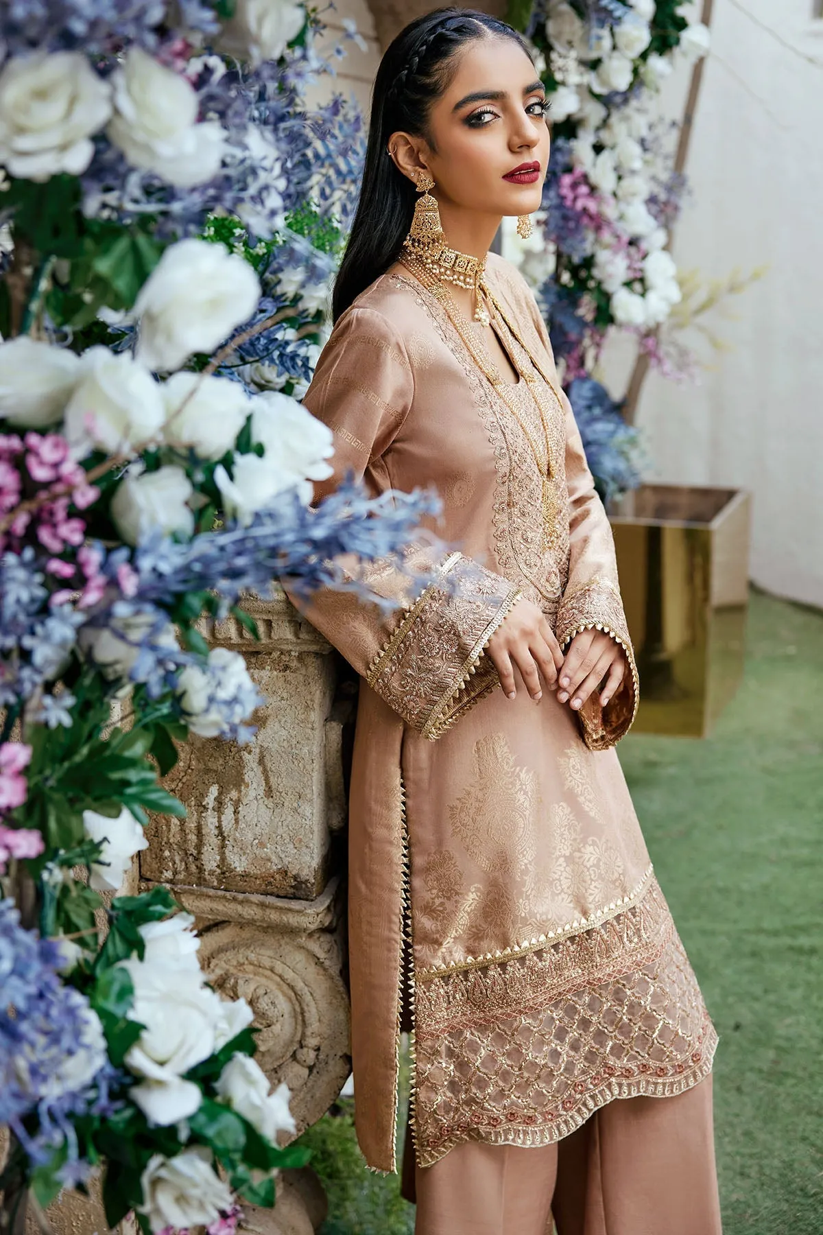 Peach Color Embroidered Kameez Trousers Pakistani Eid Dress