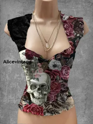 Retro Punk Floral Print V Neck Casual Top