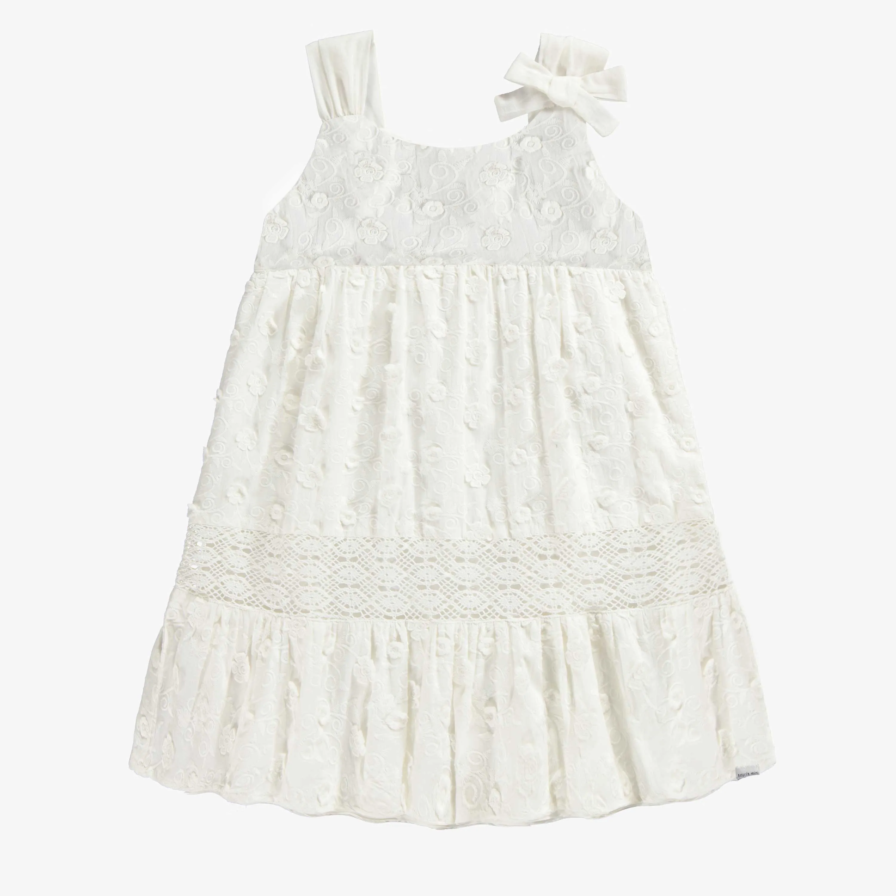 Robe évasée à bretelles larges crème en voile de coton brodé, enfant || Cream large straps flared dress in embroidered cotton veil, child