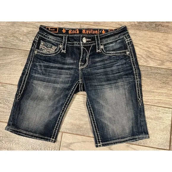 Rock Revival Denim Shorts Sherry Bermuda size 26 Distressed‎ Embellished Bling