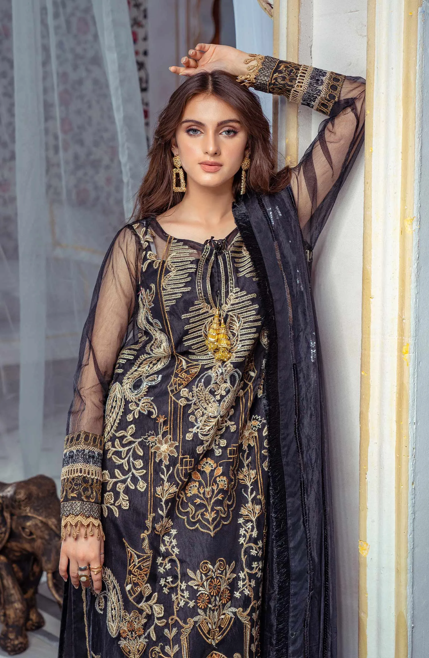 Royal Embroidered Net Salwar Kameez Dupatta in Black Color