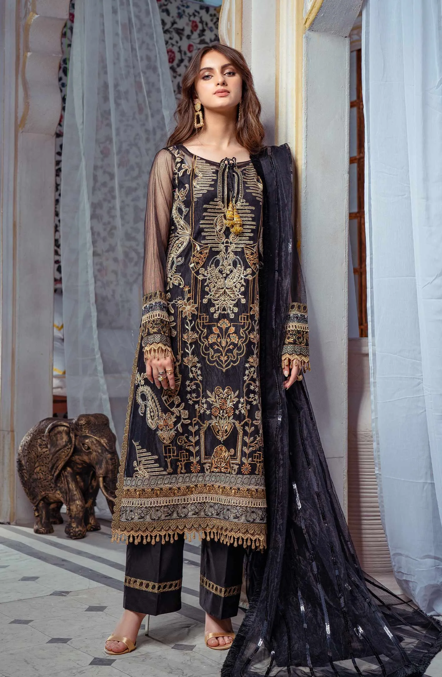 Royal Embroidered Net Salwar Kameez Dupatta in Black Color