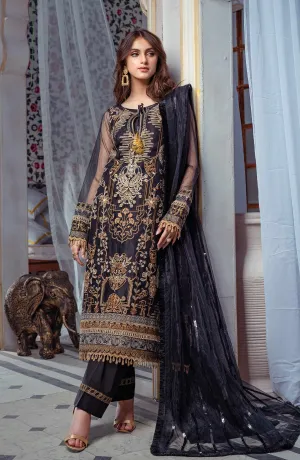 Royal Embroidered Net Salwar Kameez Dupatta in Black Color