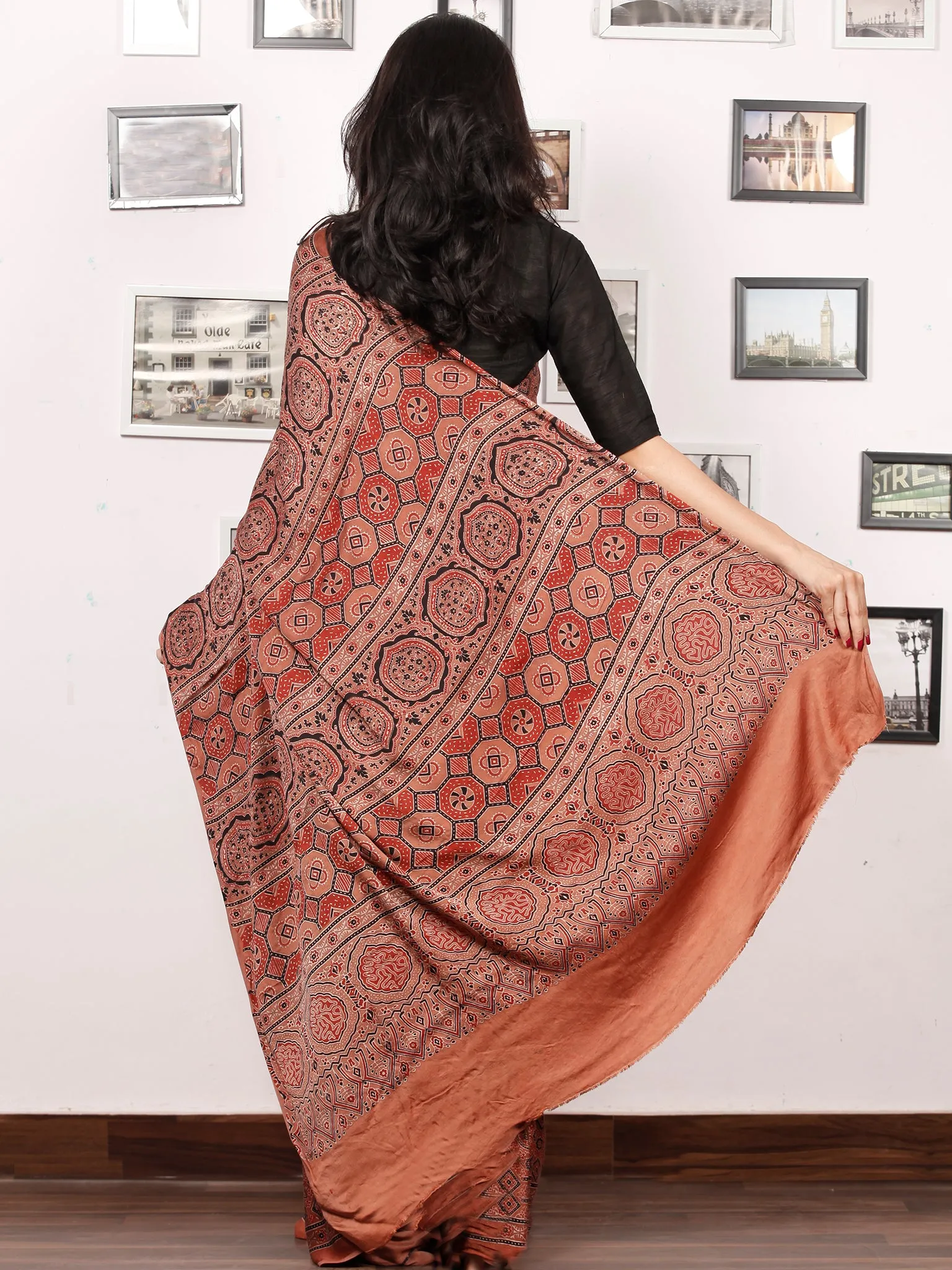 Rust Red Black Ajrakh Hand Block Printed Modal Silk Saree in Natural Colors - S031703378