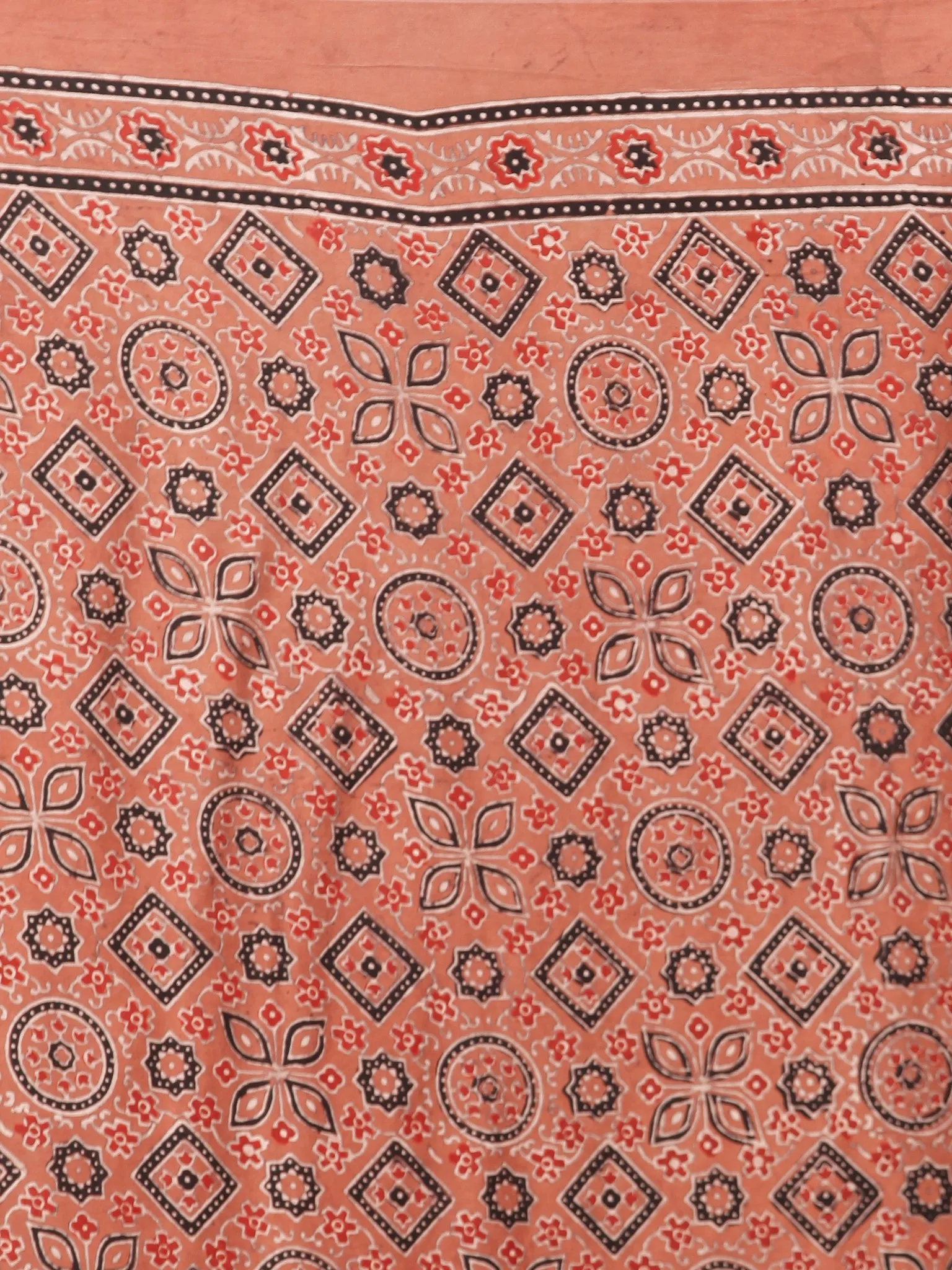 Rust Red Black Ajrakh Hand Block Printed Modal Silk Saree in Natural Colors - S031703378