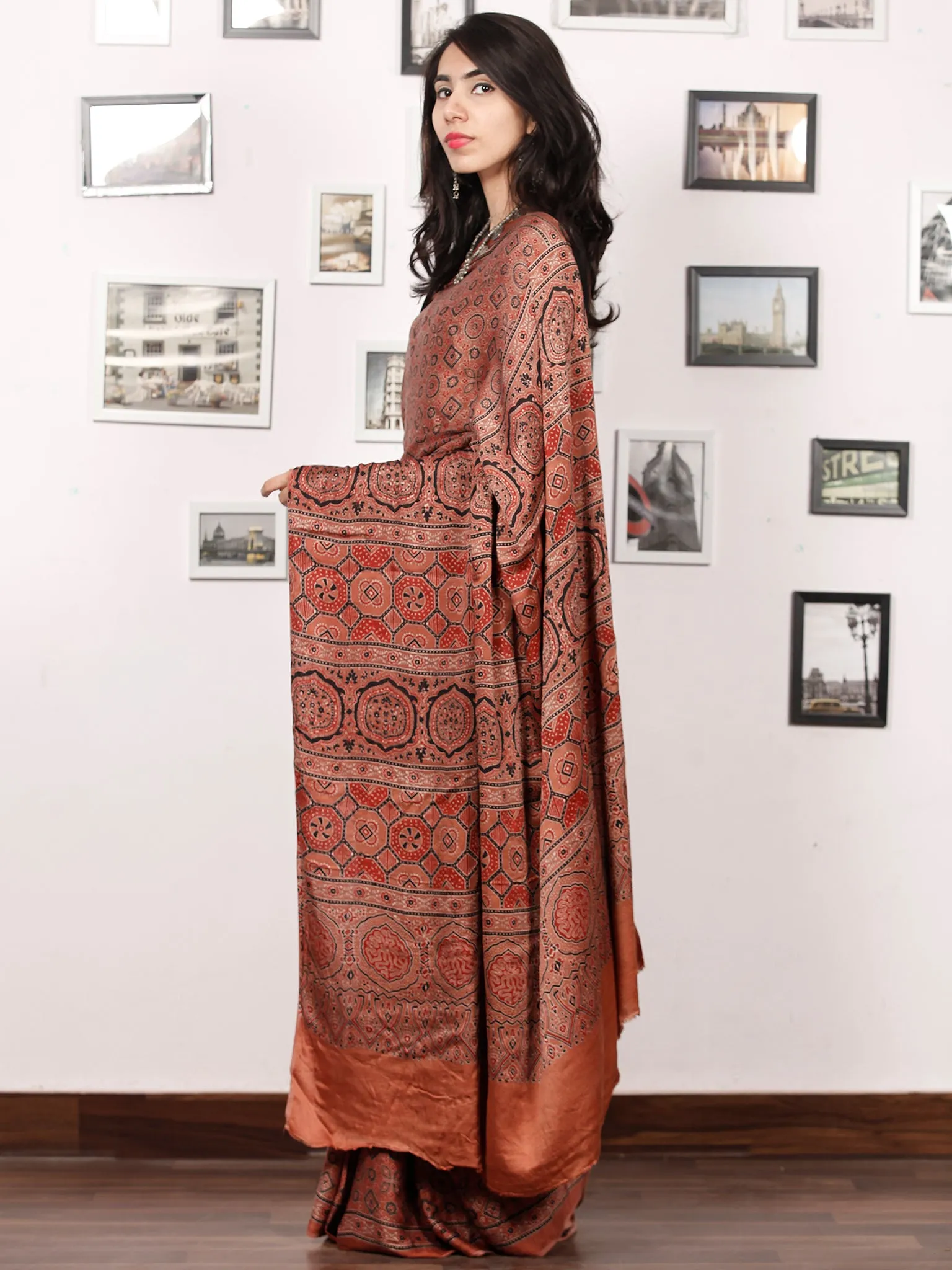 Rust Red Black Ajrakh Hand Block Printed Modal Silk Saree in Natural Colors - S031703378
