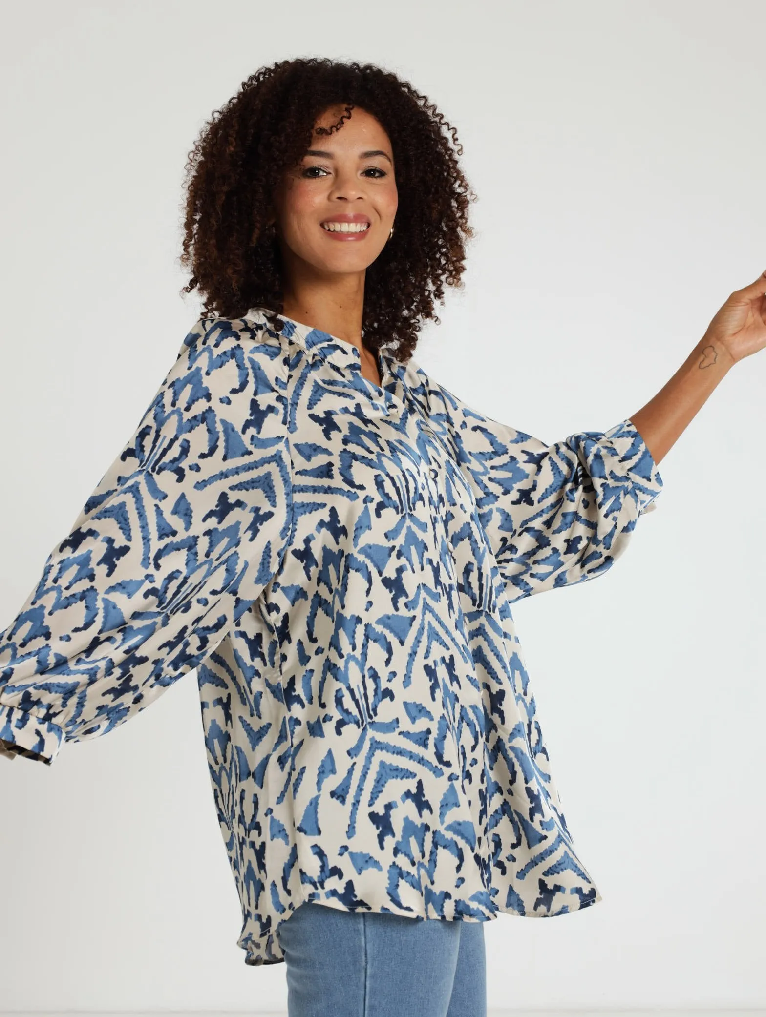 Satin Printed Blouse - Navy