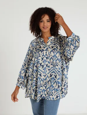Satin Printed Blouse - Navy