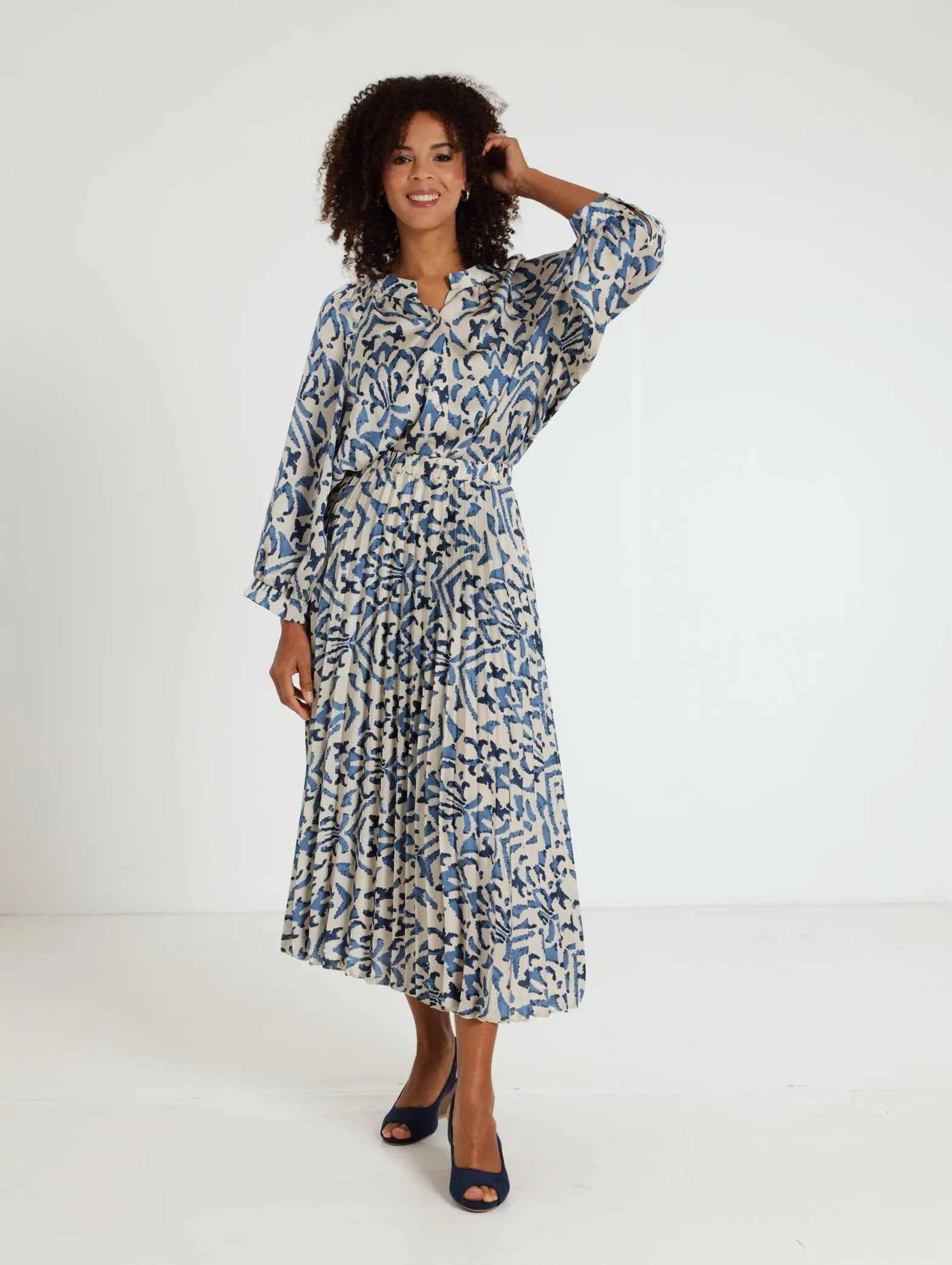 Satin Printed Blouse - Navy