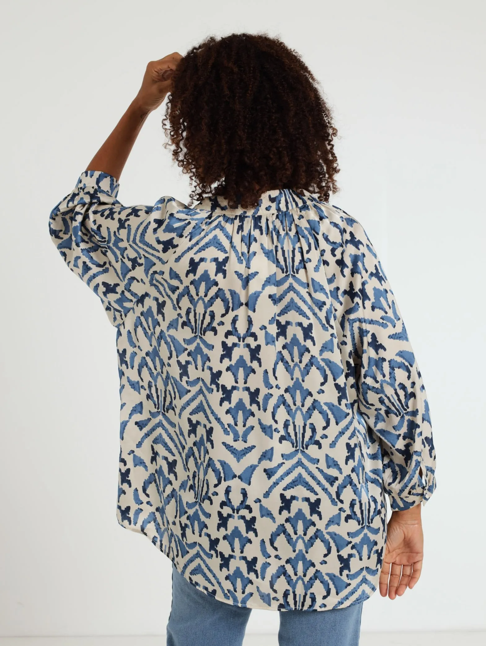 Satin Printed Blouse - Navy