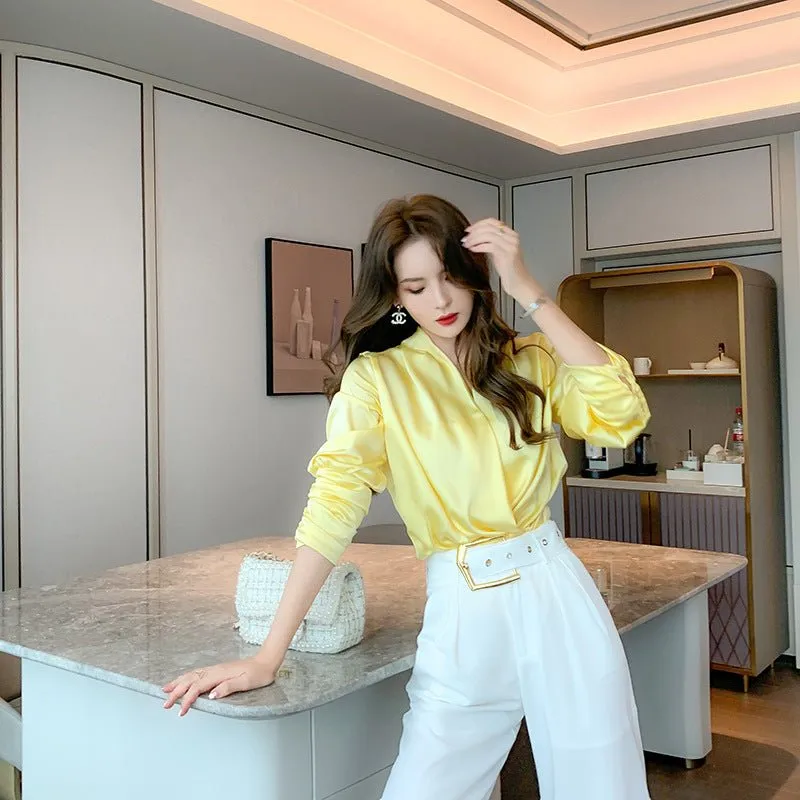 Schoensten Elegant Yellow Satin  Blouse