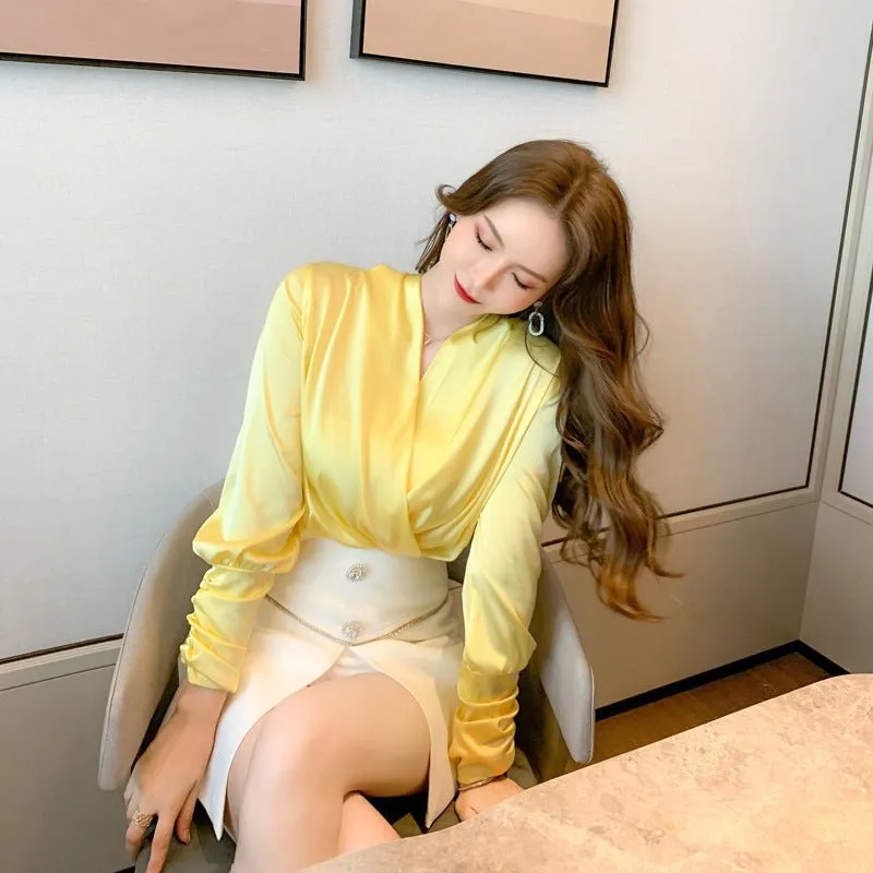 Schoensten Elegant Yellow Satin  Blouse