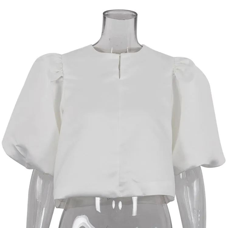 Spring Summer Satin Puff Sleeve Short Top Loose White Shirt