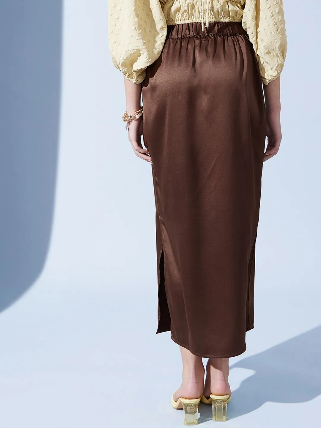 STREET 9 Brown Satin Pencil Midi Skirt