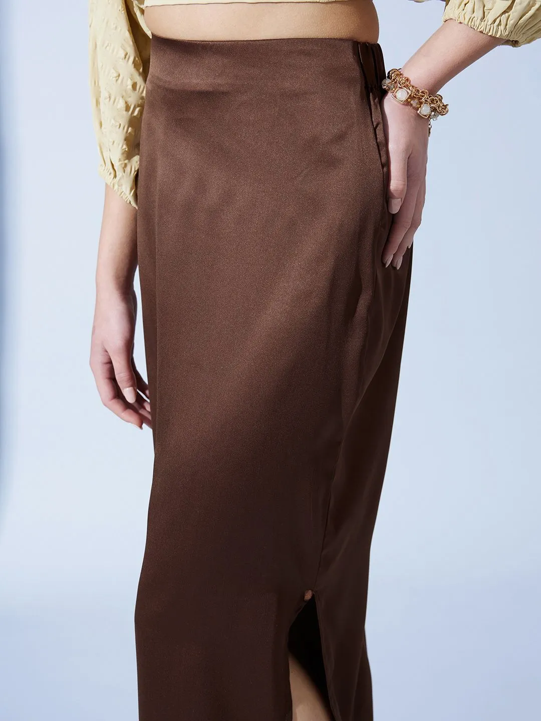 STREET 9 Brown Satin Pencil Midi Skirt