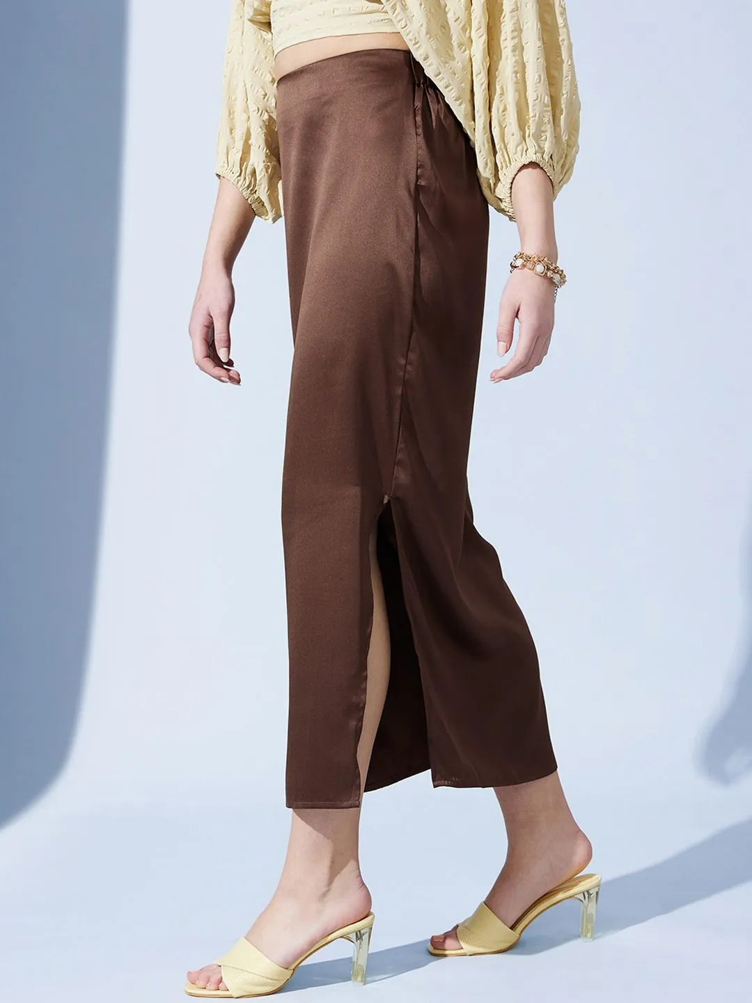 STREET 9 Brown Satin Pencil Midi Skirt