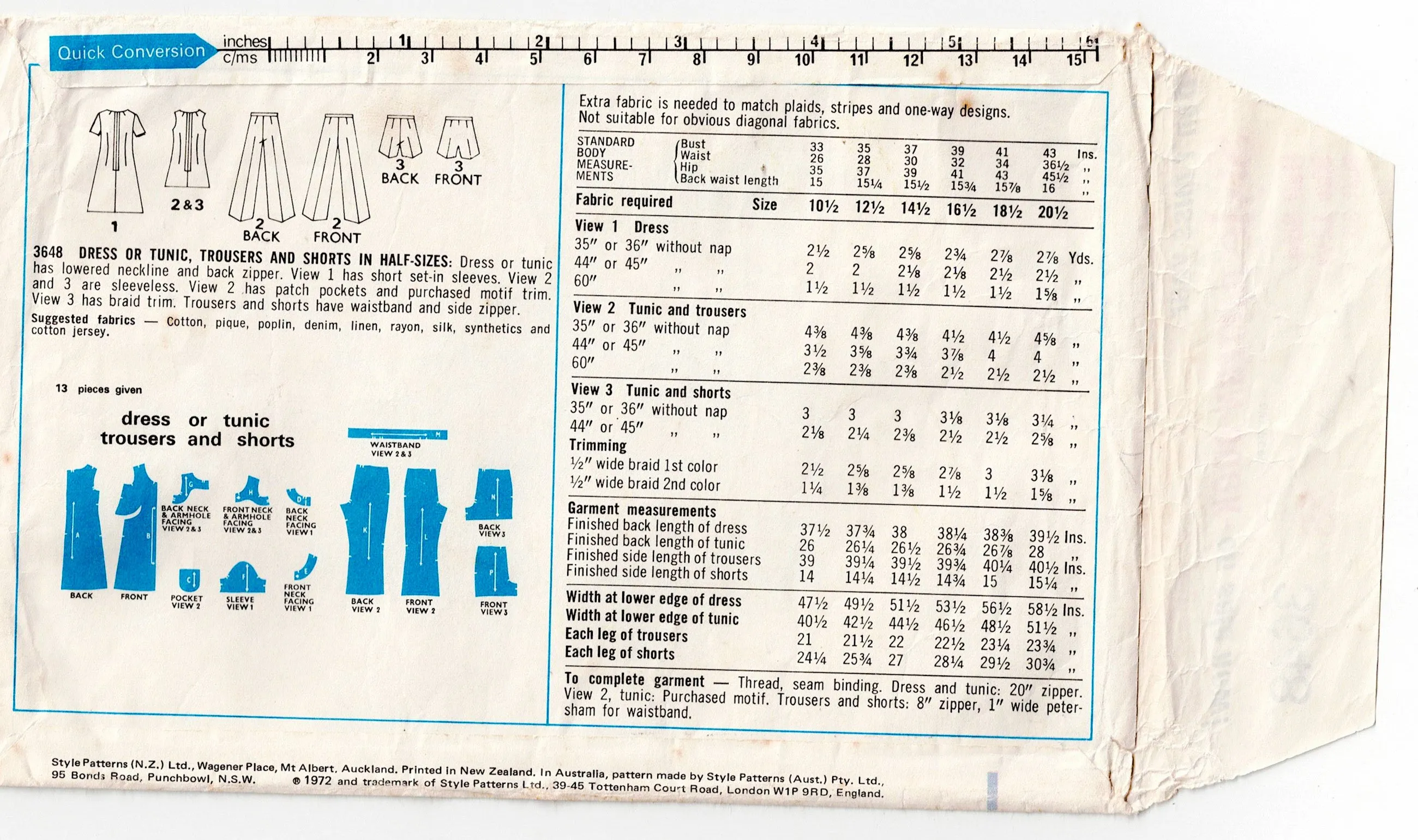 Style 3648 Womens Half Sized Dress Tunic Pants & Shorts 1970s Vintage Sewing Pattern Bust 35 inches UNCUT Factory Folded