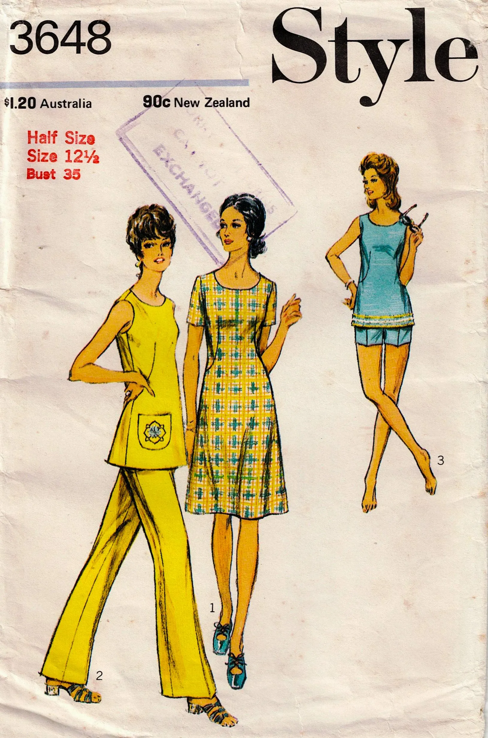 Style 3648 Womens Half Sized Dress Tunic Pants & Shorts 1970s Vintage Sewing Pattern Bust 35 inches UNCUT Factory Folded