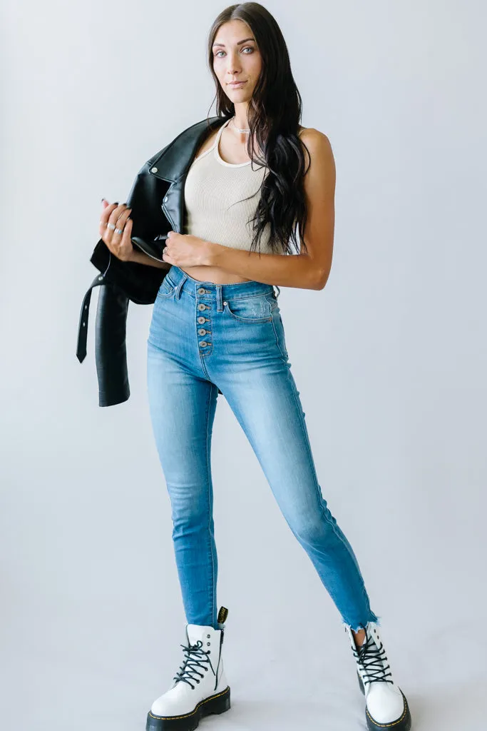 Superstar Kancan High Rise Button Skinny in Medium Wash