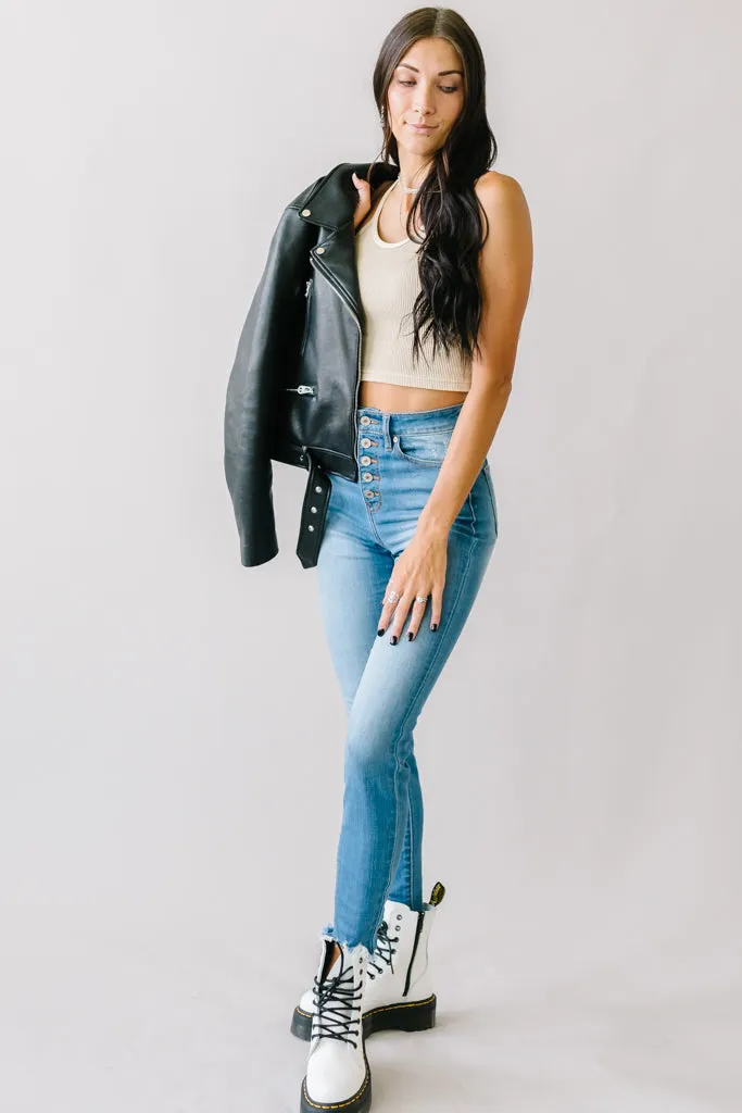 Superstar Kancan High Rise Button Skinny in Medium Wash