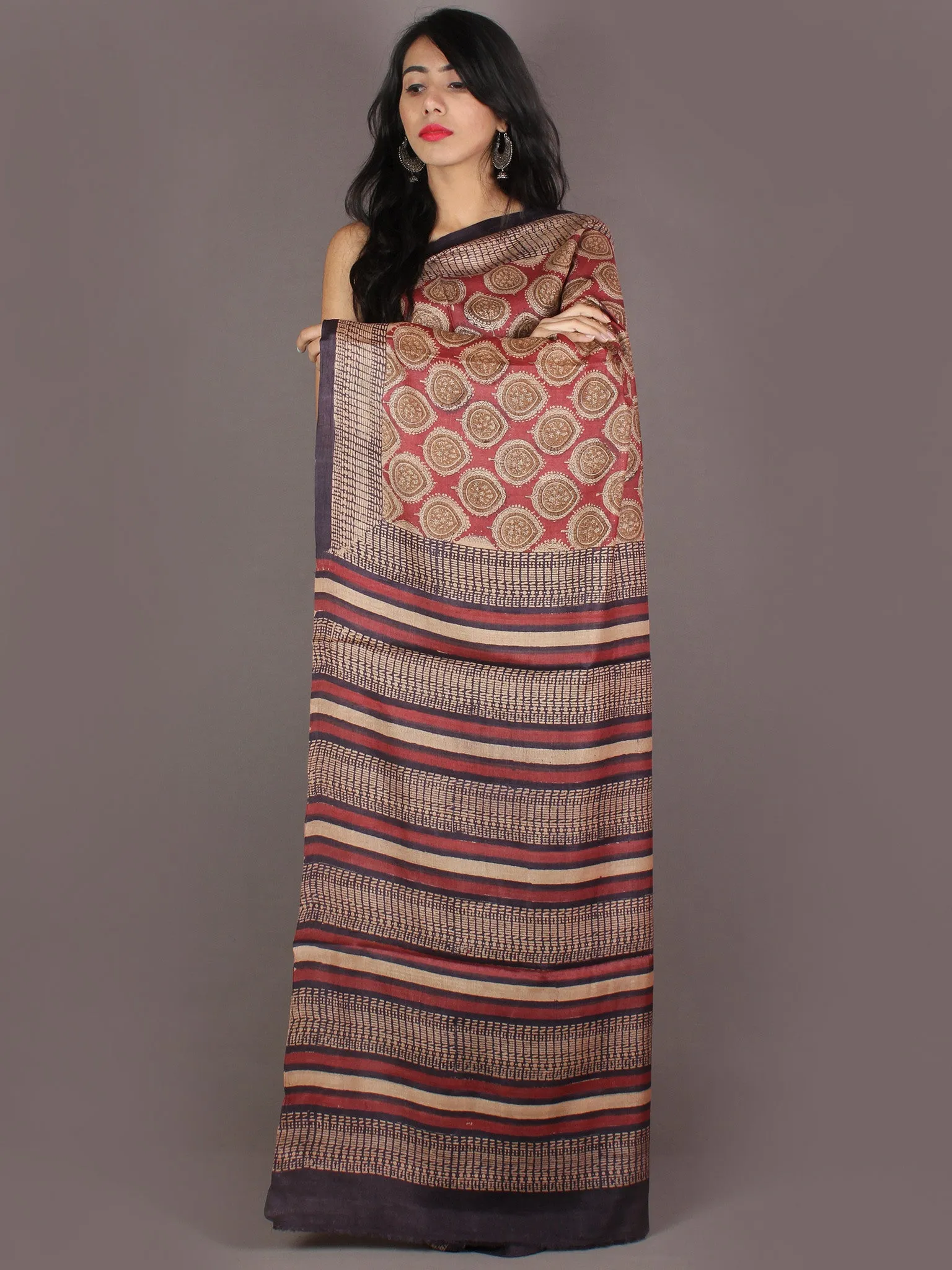 Tussar Handloom Silk Hand Block Printed Saree in Maroon Brown Beige - S03170950