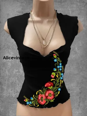 Vintage Mexican Floral Art Print V-Neck Casual Top