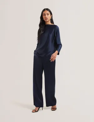 Vouga Slash Neck Satin Top Navy