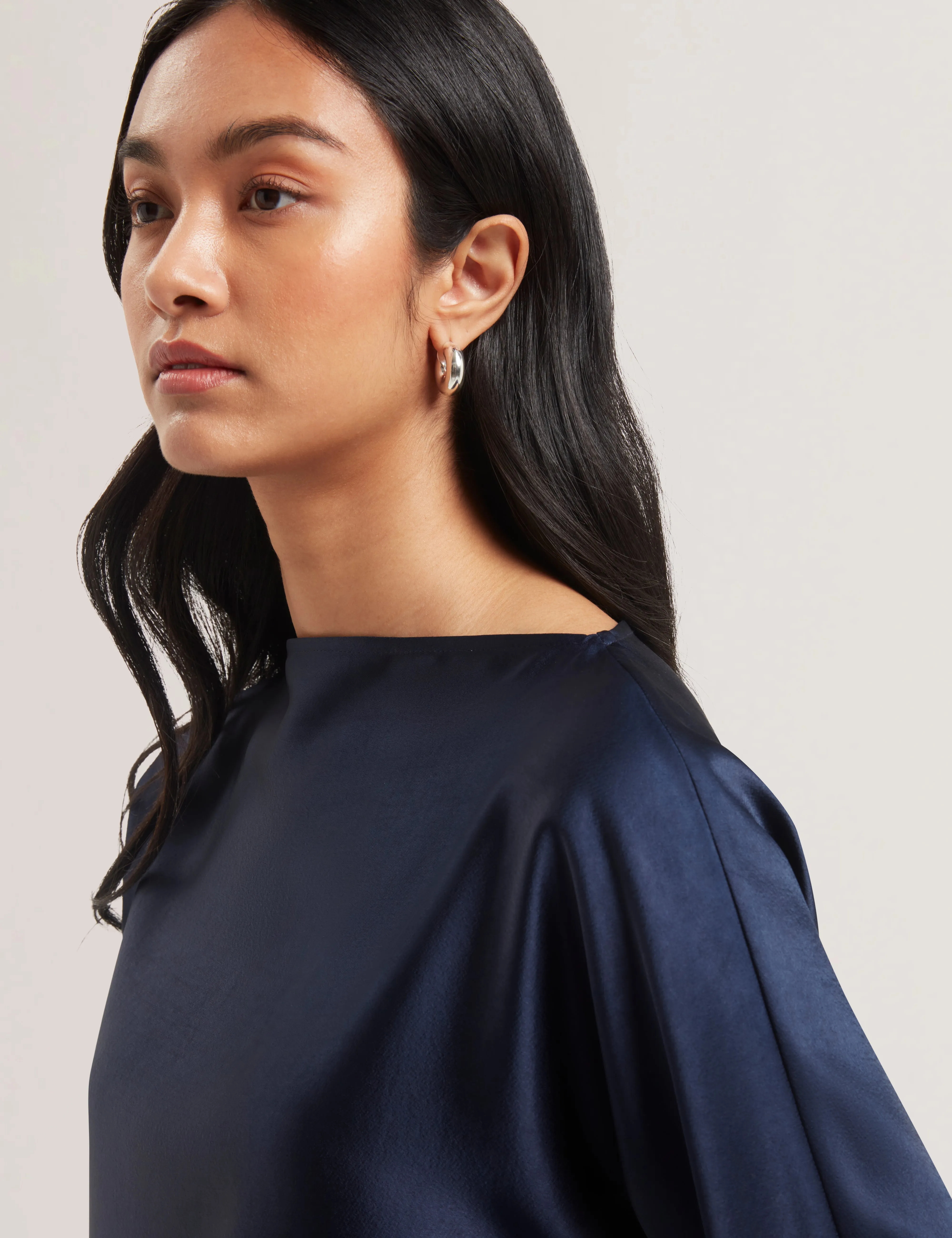 Vouga Slash Neck Satin Top Navy