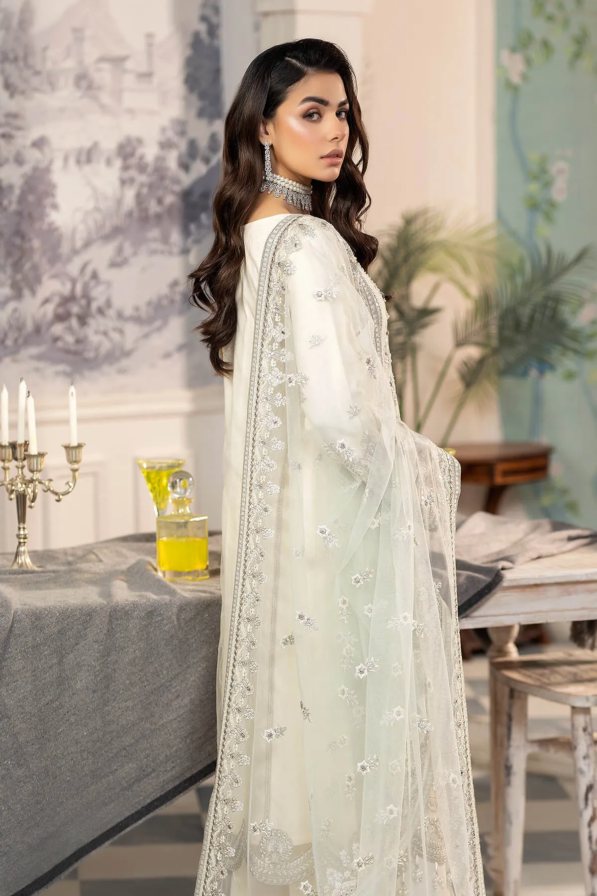 White Pakistani Party Dress in Kameez Trouser Style