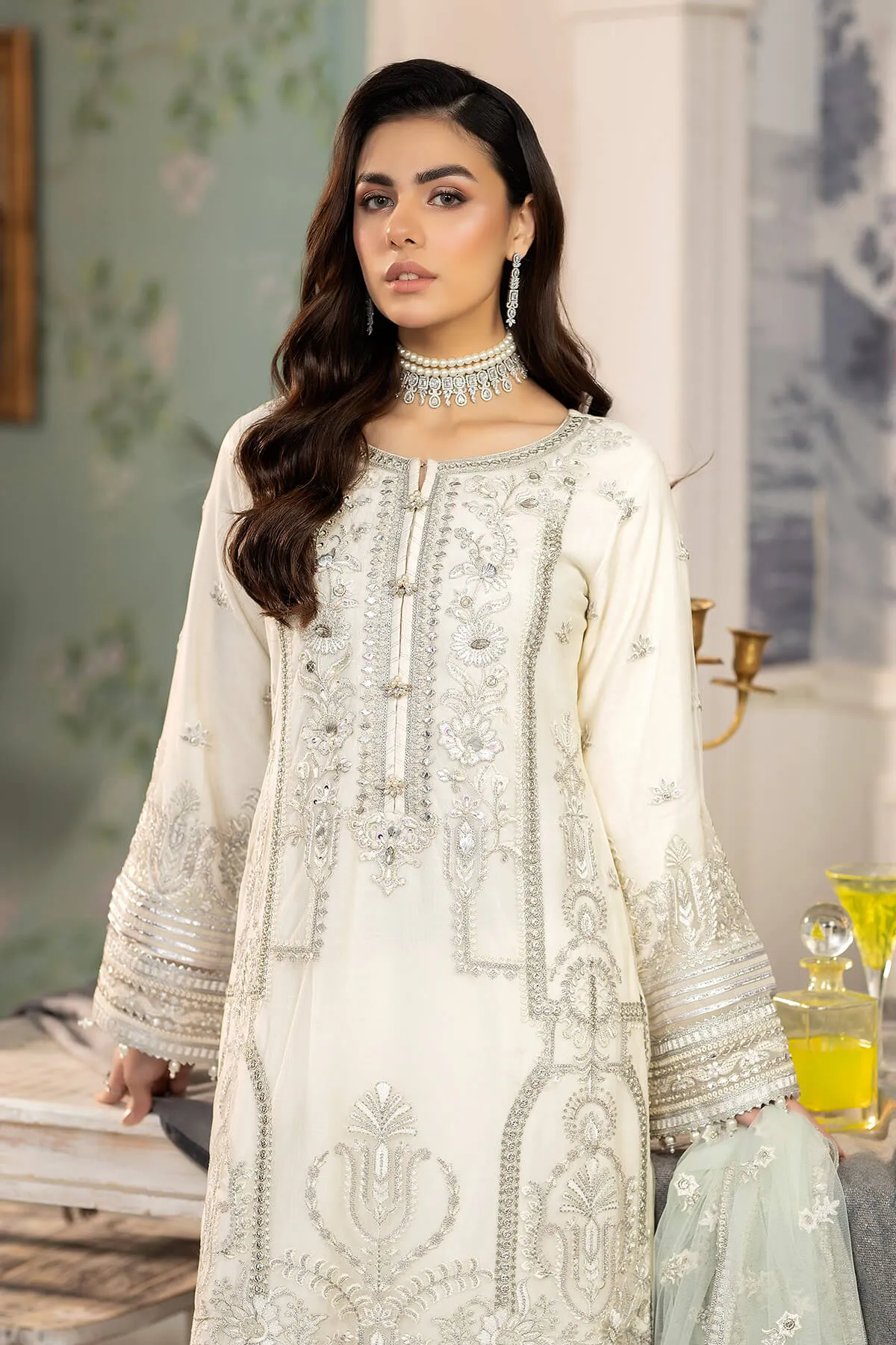 White Pakistani Party Dress in Kameez Trouser Style
