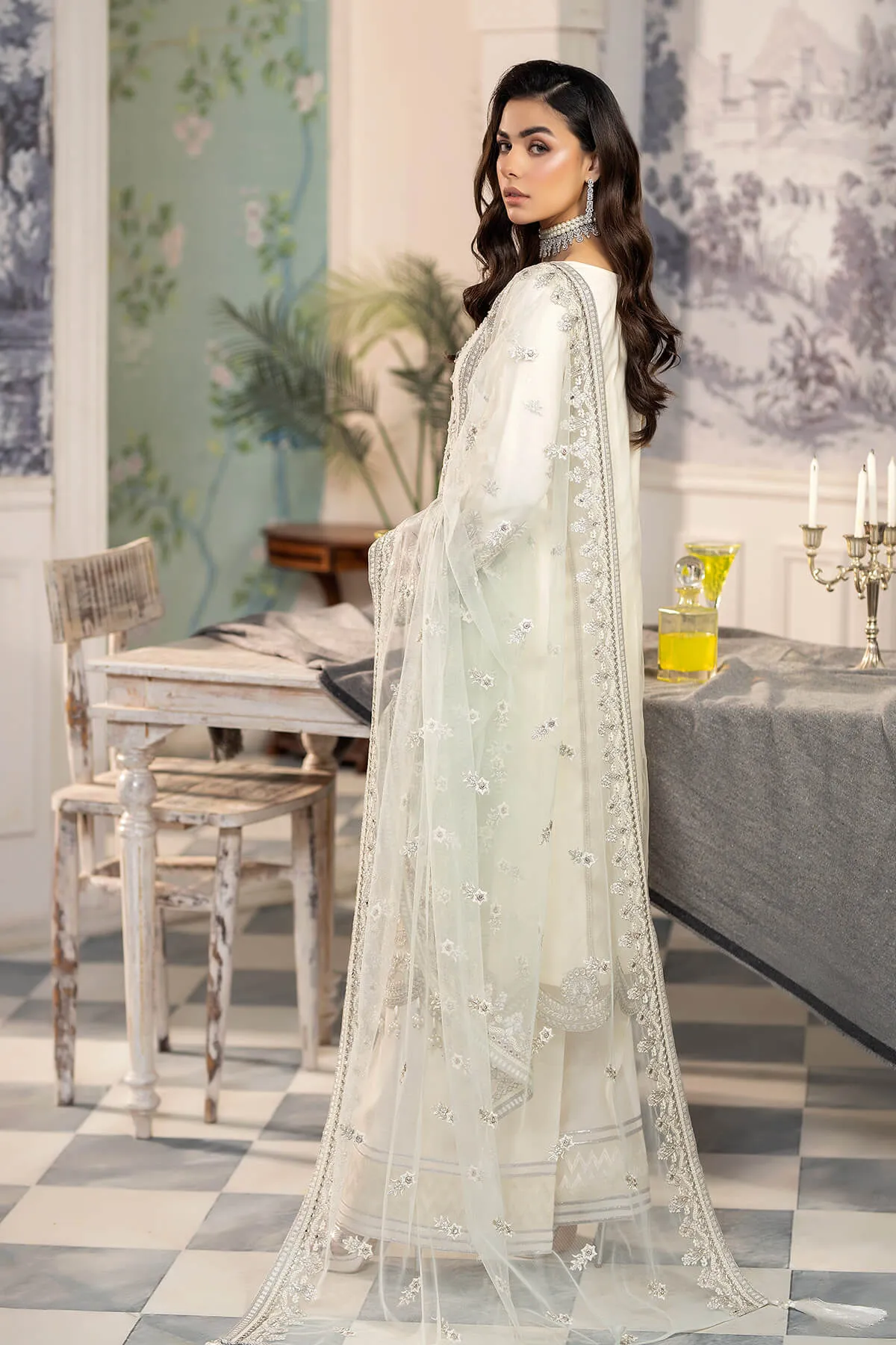 White Pakistani Party Dress in Kameez Trouser Style
