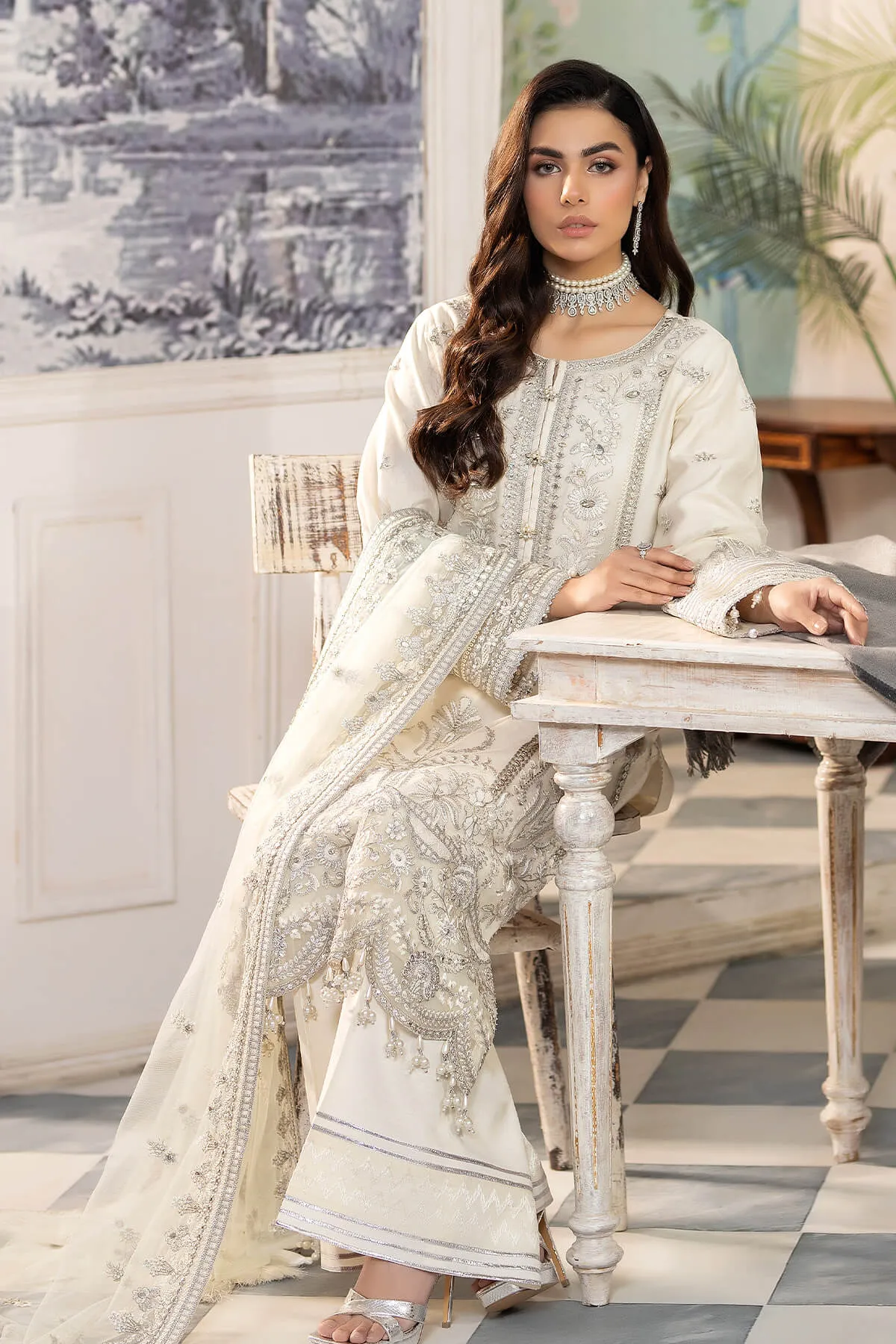 White Pakistani Party Dress in Kameez Trouser Style