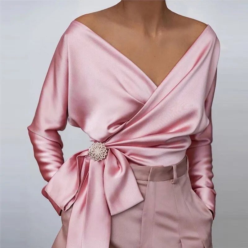 WolffMode Rosa Satin Blouse with V-Neck