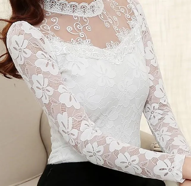 Women Hollow Out Lace Blouse Long Sleeve Stand Collar Floral Lace Shirt Tops Casual Thicken