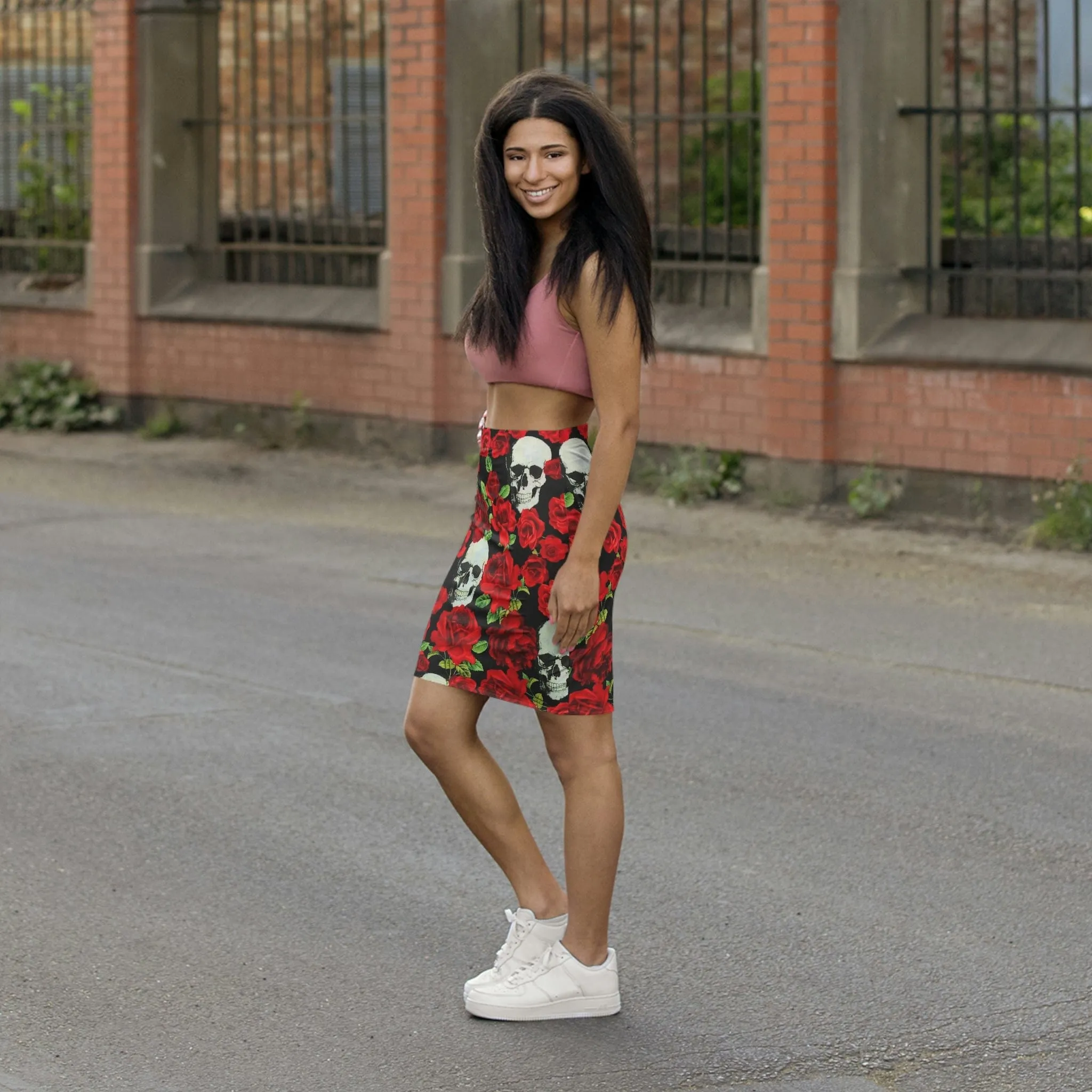 Women's Skull Red Roses Floral Print Mini Skirt